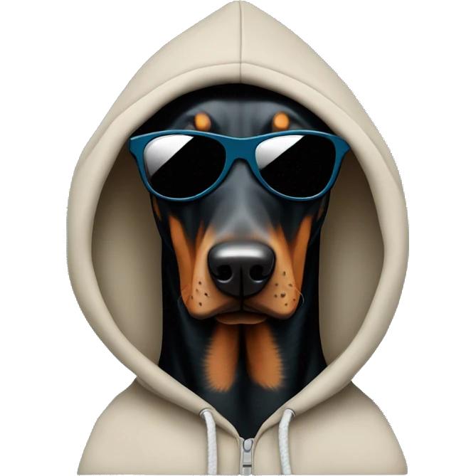 Doberman pincher wearing a hoodie and shades emoji