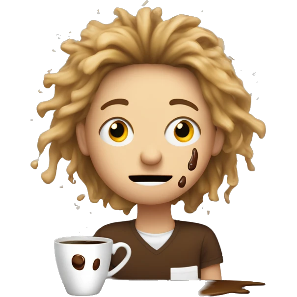 emoji of a person with a wild, frazzled expression, surrounded by a spilled cup of coffee, with coffee splashes all around. Their hair is frizzy, and they’ve got coffee stains on their shirt as they frantically try to clean up the mess. emoji