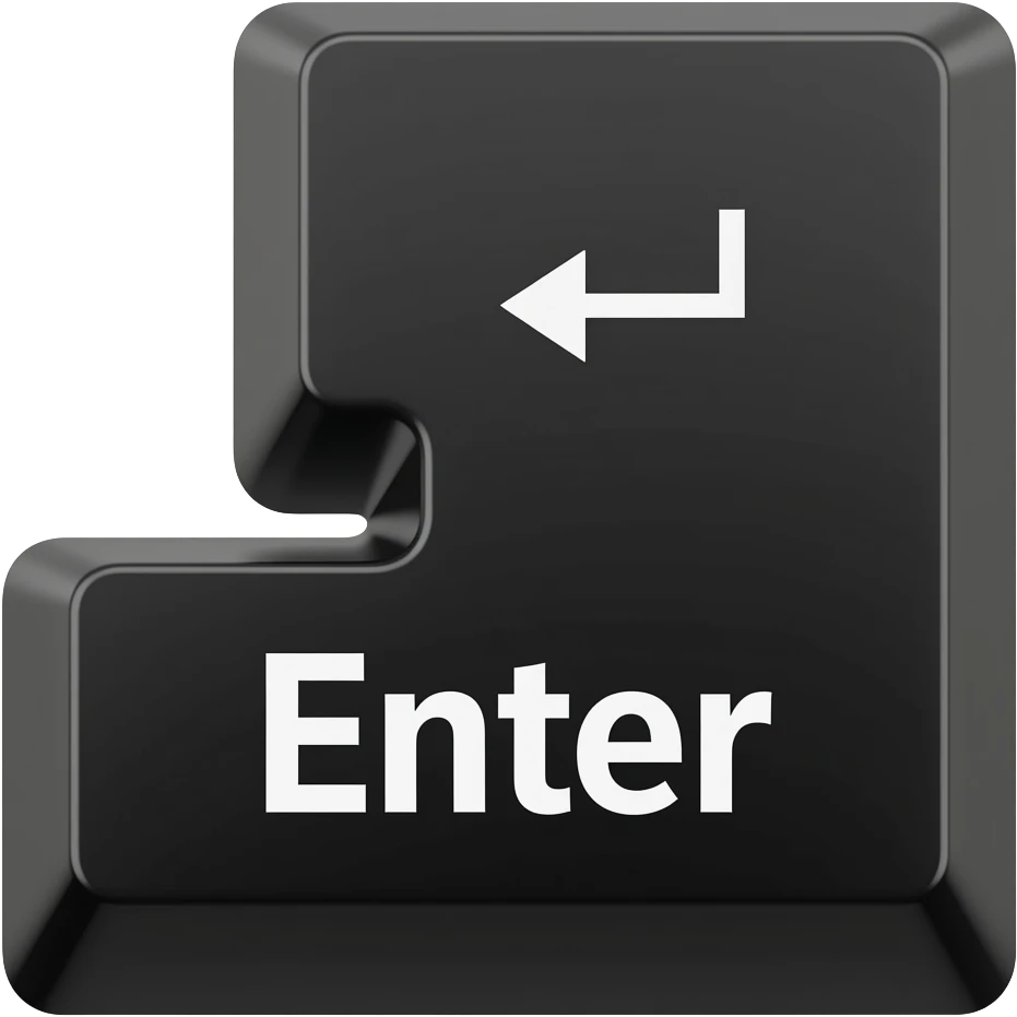 Glossy black L-shaped Enter keycap with a delicious candy-jelly texture. White "Enter" text and return arrow. 3D emoji style, white background. emoji