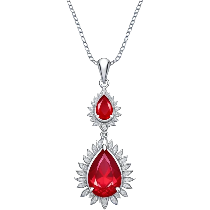 teardrop ruby pendant with fiery light, tiny phoenix feather emerging, haloed by shimmering white stones, silver chain like liquid moonlight emoji