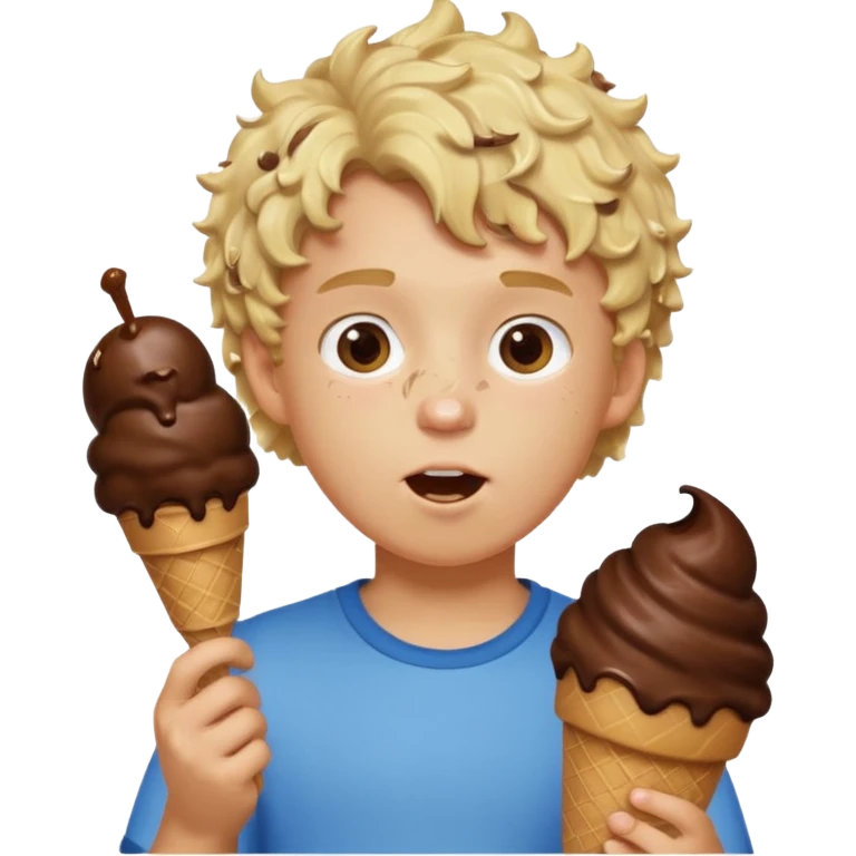 boy blonde curly hair, chef, eating big chocolate ice cream emoji