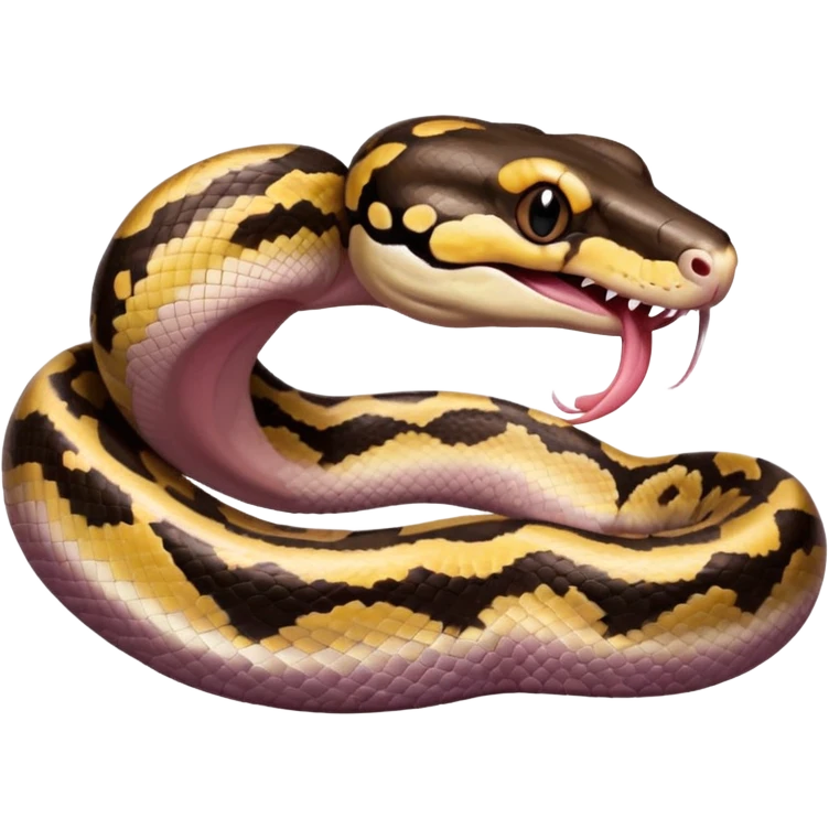 A photo-realistic digital illustration of a Ball Python, large headshot portrait. The snake has a short, rounded snout, smooth contours, and a wide, slow yawn exposing its soft pink mouth. Its head is warm brown with bold, irregular dark markings, including the signature “alien-head” pattern. emoji