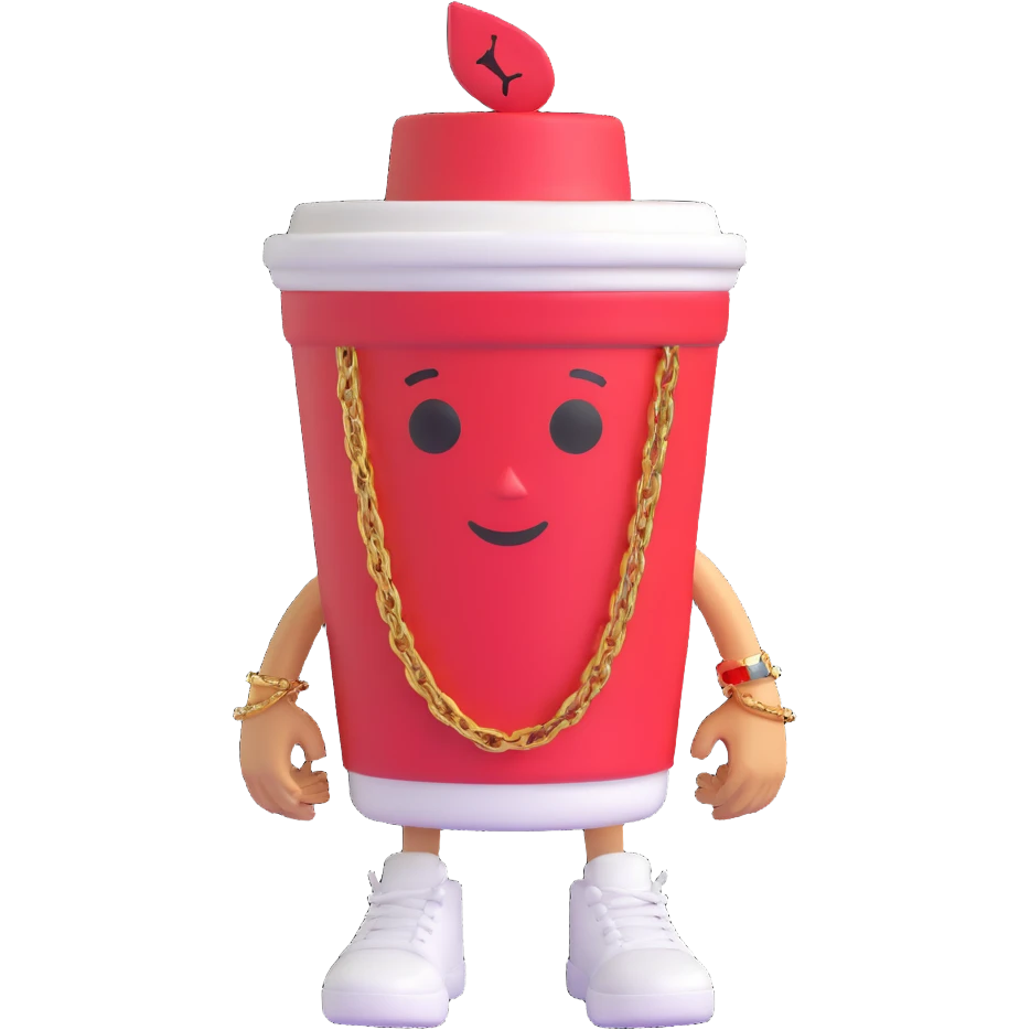 3D cartoon character of a Styrofoam cup of lean (purple drank), with a friendly face, arms, a gold chain, and Jordan sneakers, simple style emoji