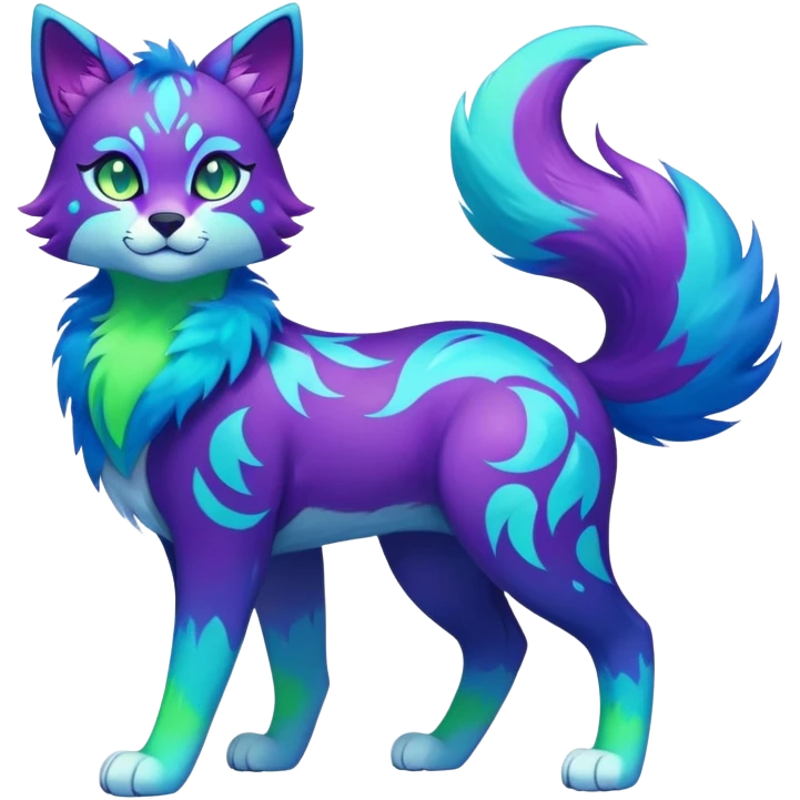 Vibrant multicolored neon-colored Falvie-Fionbri-creature-sparkle-feline-canine-hybrid-fursona, full body, fur pattern-markings emoji