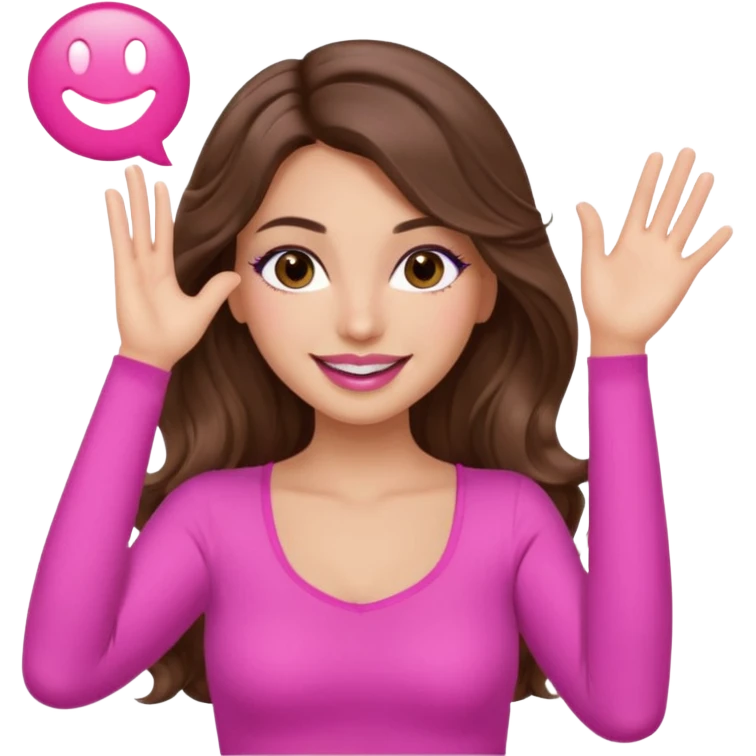 girl with long wavy brown hair, brown eyes, long lashes makeup, sexy pink lips, light to medium complexion, wearing a pink sexy top, one hand in the air high emoji