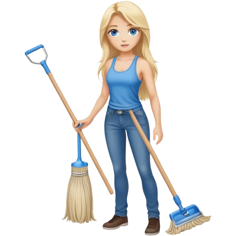Cinematic realistic blonde with long hair and blue eyes, dressed in jeans and a tank top, holding a mop in her hands emoji