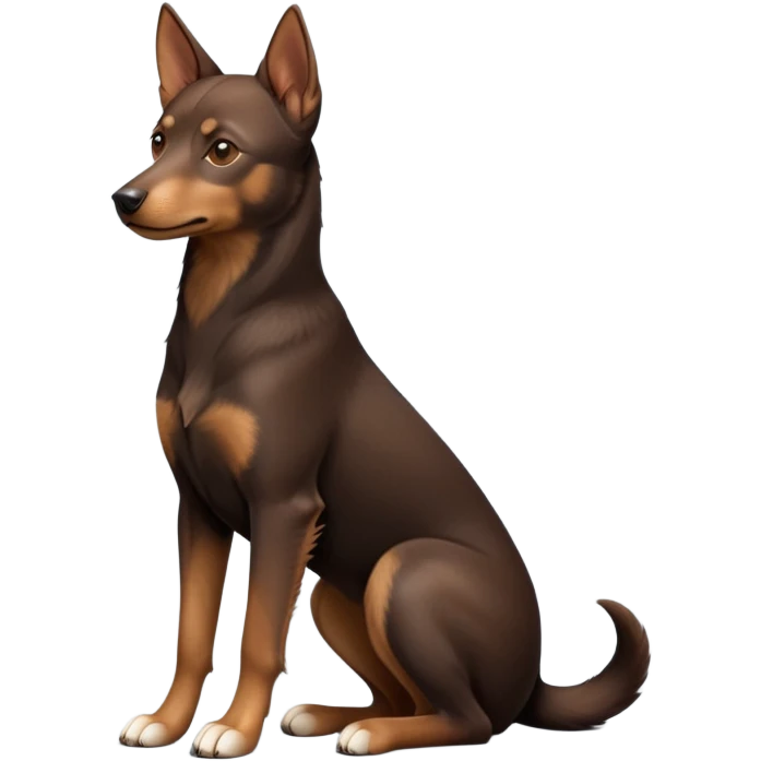 cinematic-[australian kelpie]-realistic-full-body-sitting-emoji,-tail-resting-loosely-beside-its-paws,-head-tilted-dramatically, -sleek-[Brown and tan]-fur,-simplified-yet-realistic-focused-features,-highly-detailed,-glowing-with-an-almost-sarcastic-glow emoji