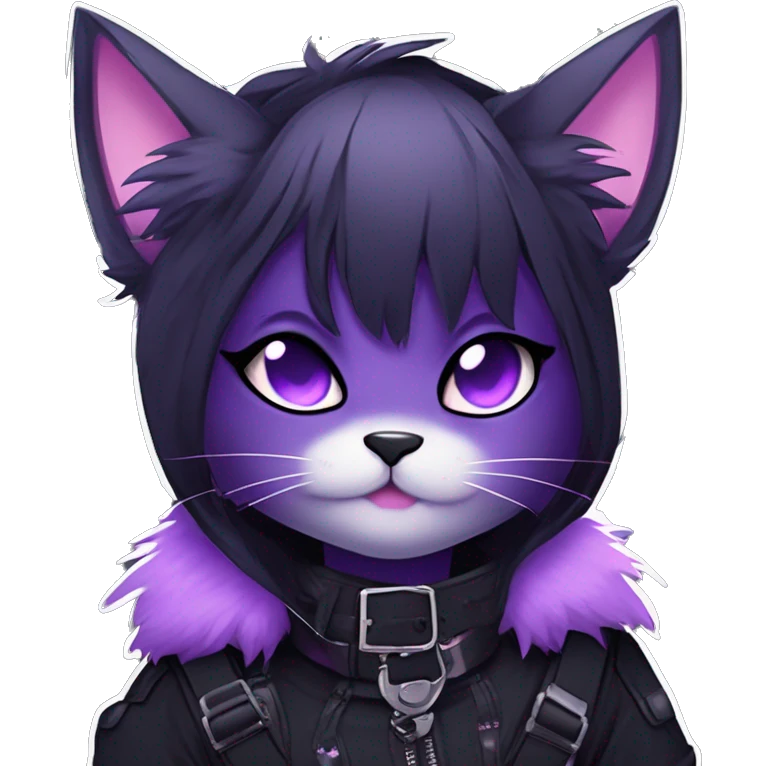 Gorgeous furry gothic dark techwear anime style anthro black cat furry sona Fakemon with blushing face aesthetic and pretty edgy black with violet collar and harness trending style emoji