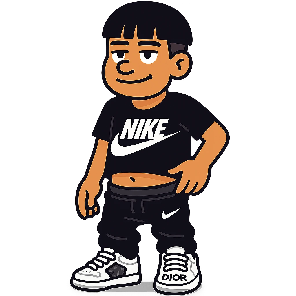 chico moreno cartoon with eyebrow-length bangs, wearing a black Nike t-shirt, black Nike pants lowered, white Dior sneakers, urban flow emoji