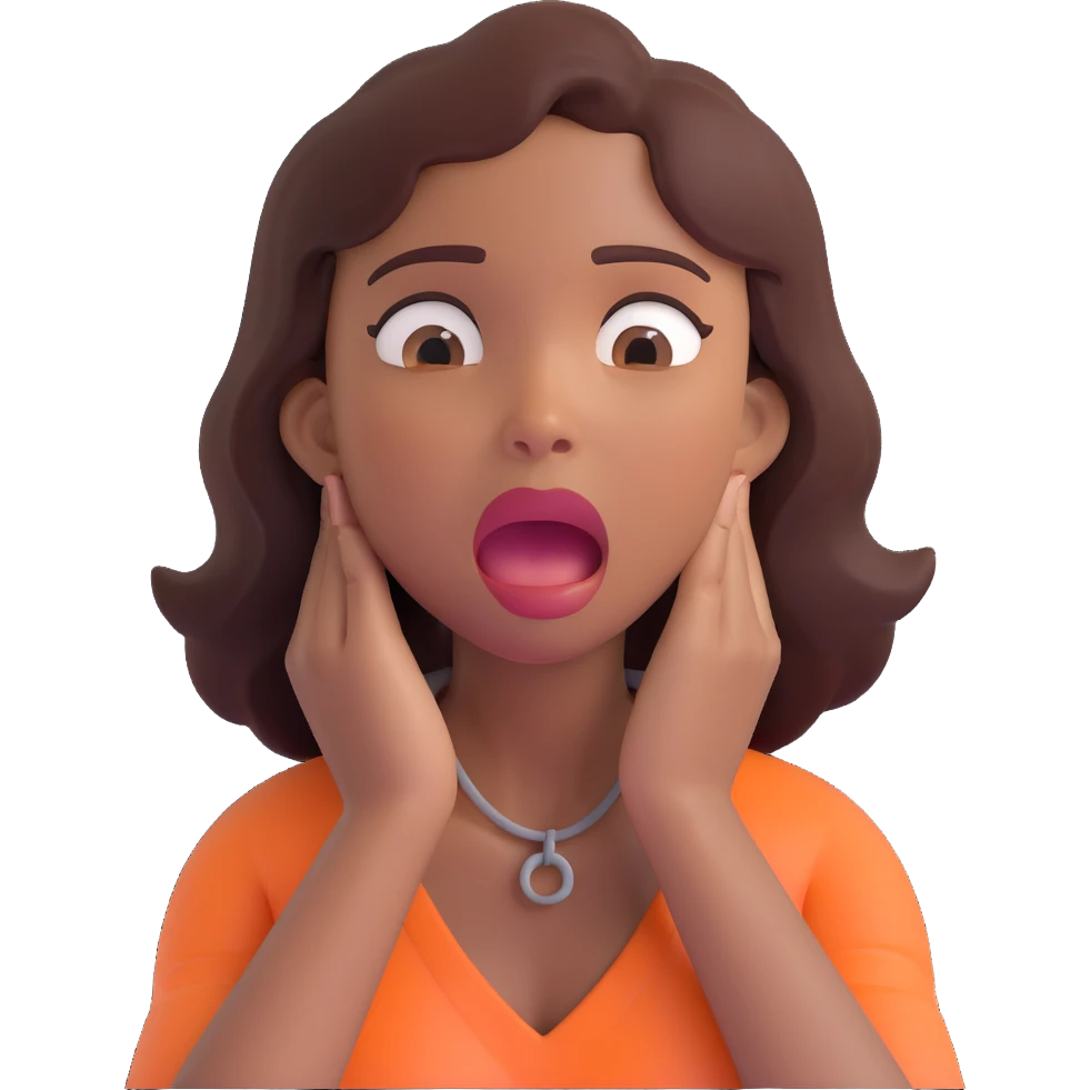 emoji of a woman with medium-dark skin tone, hands around her own neck, eyes bulging, mouth open, showing self-choking expression emoji