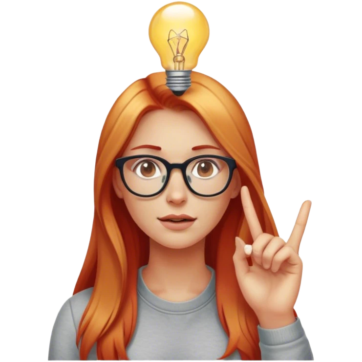 intelligent and clever, 30 year old, girl, long red and almost blond hair, glasses, has an brillant idea, light bulb over the head, casual cloth  emoji