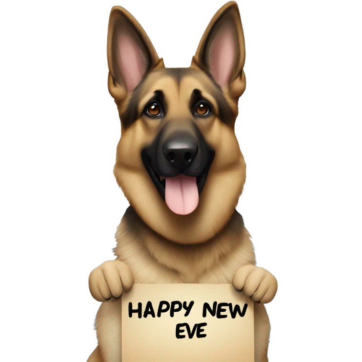 Blonde and brown German shepherd holding a sign that says “Happy New Years Eve” emoji