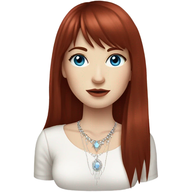 woman with pale skin, blue eyes and long dark red hair with layers and fringe bangs, wearing a white top and silver jewellery emoji