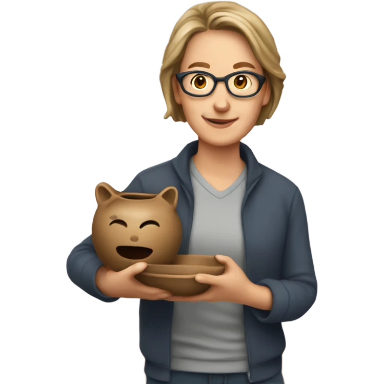 High school art teacher holding pottery emoji
