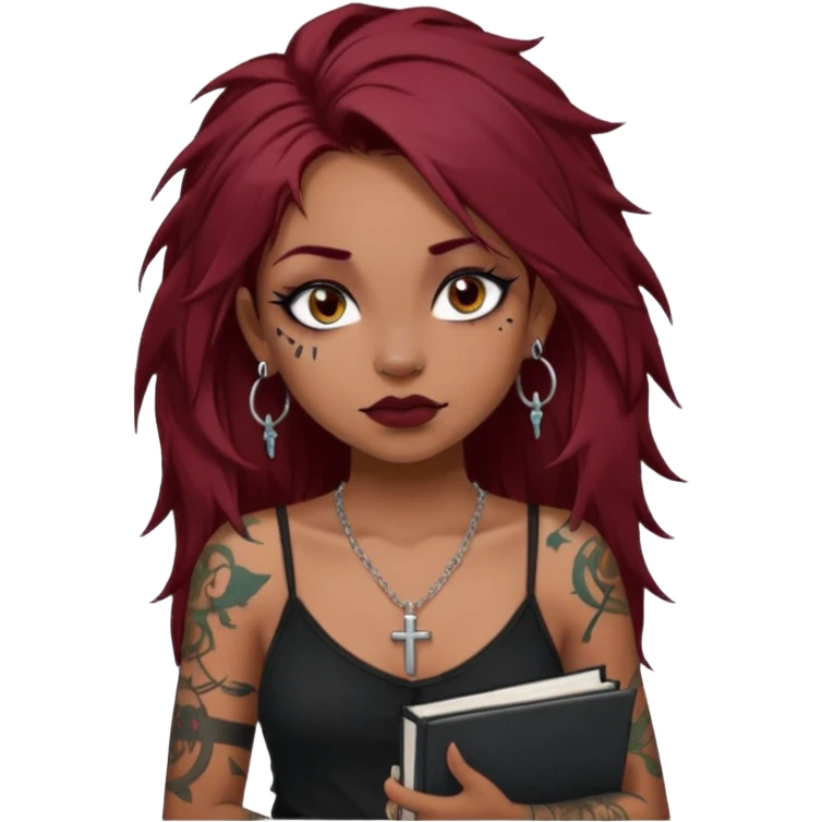 generate an ios genmoji of a dusky girl with long dark red messy hair with eyeliner on her eyes. septum piercing, wearing a cami black top, has tattoos, on shoulders. ear piercings. wearing a cross silver necklace. carrying a lot of sketchbooks


no tattoos on face emoji