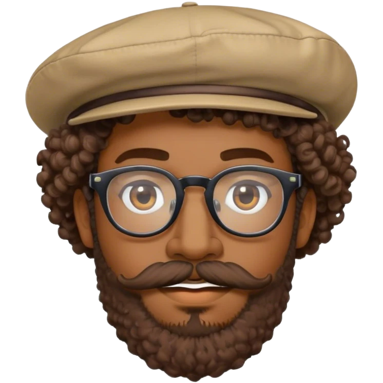 a man with brown skin, wear a glasses with bold frame, have a curly hair and wearing a hat. have a moustache and beard  emoji