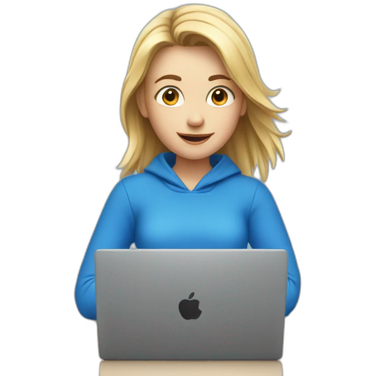 European girl in blue clothes behind laptop  emoji