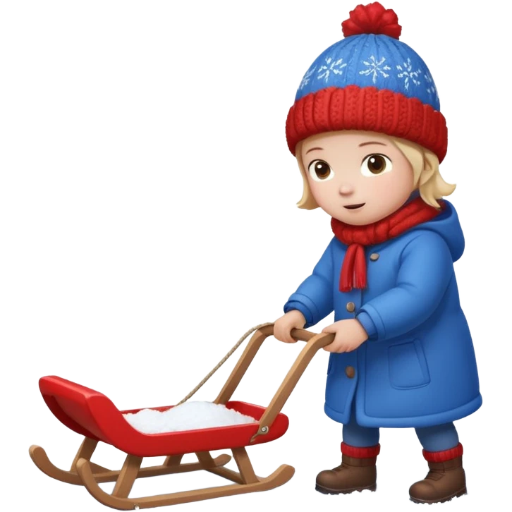 child pulling sled in snow fall and ground with snow emoji