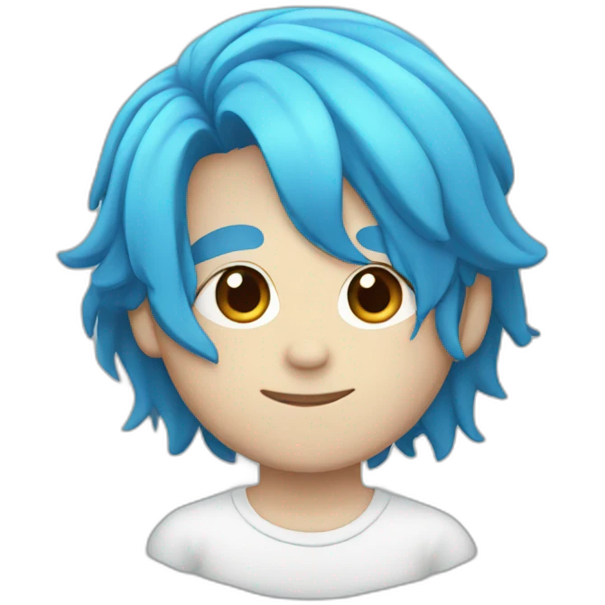 A blue-haired boy with long hair and a white face emoji