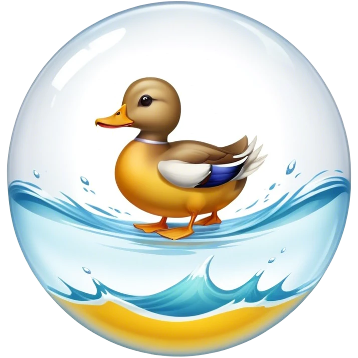A large glass sphere a duck surfing inside emoji