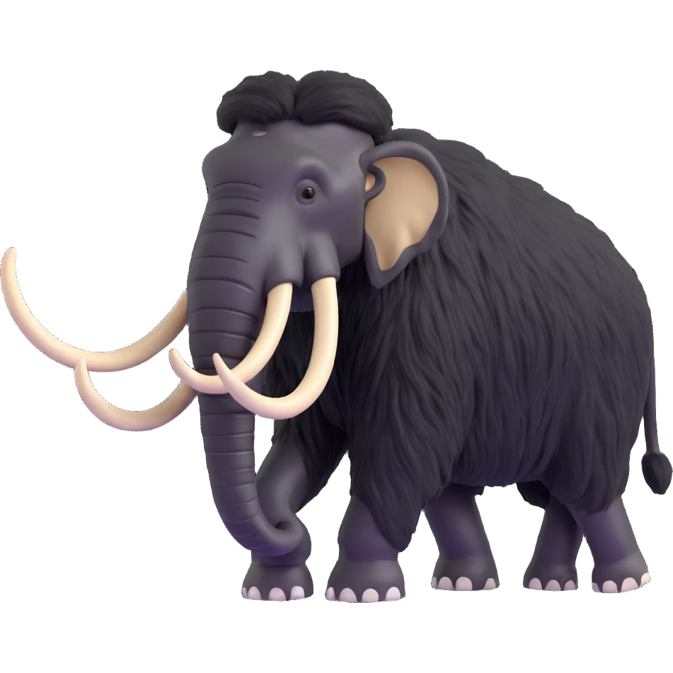 profile side view of a wooly mammoth with black fur and white tusks, walking, 3D style, no background emoji