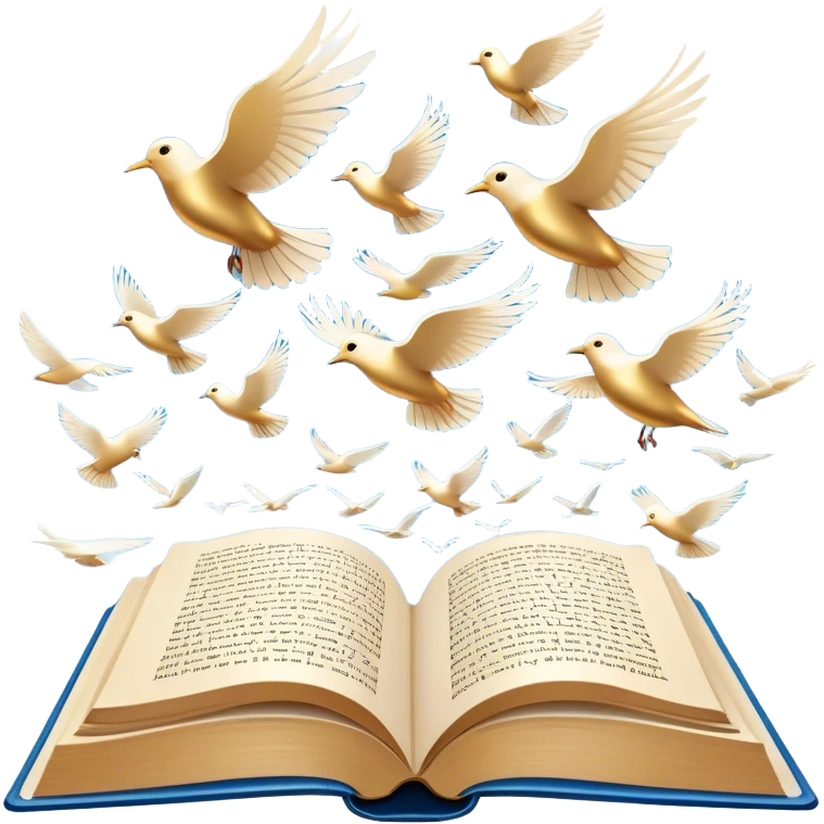 Icon for Poetry Reading: an open book with verses on the pages, from which fly pages transforming into a large flock of small white birds soaring into the blue sky. The icon should evoke the freedom and beauty of poetry. Transparent background. emoji