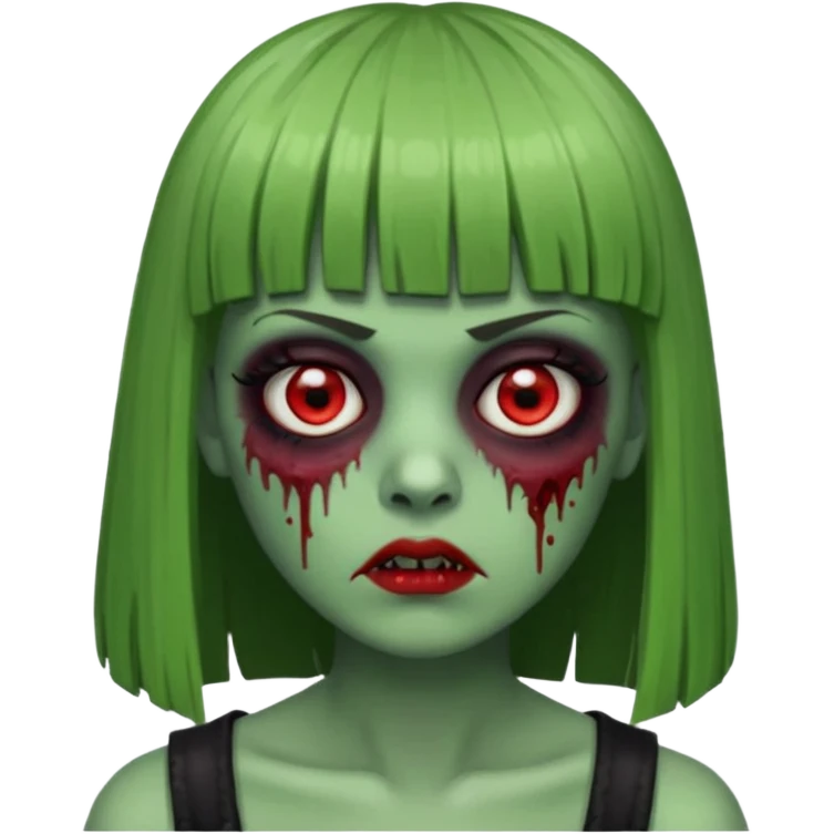zumbie com cabelo preto e liso de franja vegana e olhos vermelho deixe o zumbir verde  emoji