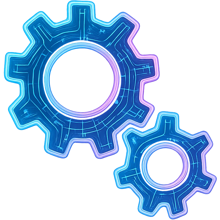 Transform the Windows Services icon of two interlocking gears into a cyberpunk, holographic style with glowing neon blue and pink edges. Add intricate circuit patterns throughout both gears, maintaining the exact shape, proportions, and interlocking position. The icon should have a consistent futuristic, clean cyberpunk glow with detailed neon and circuit effects on a transparent background, matching the style of previous cyberpunk icons. emoji