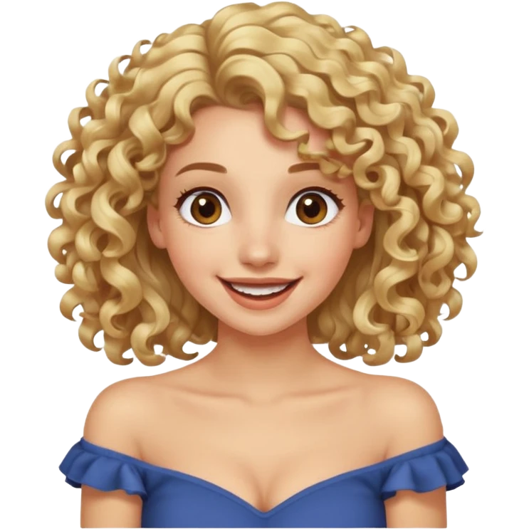 happy excited woman with curly long blond hair, brown eyes, wearing an off-shoulder top,  emoji