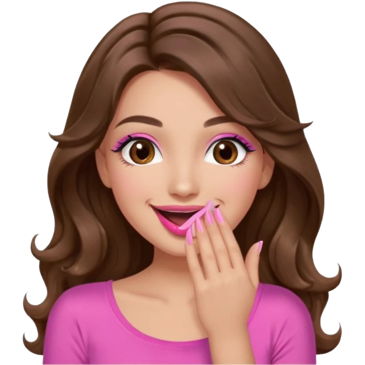 girl with long wavy brown hair, brown eyes, long lashes makeup, pink lips, light to medium complexion, pink sexy top, smiling, hand covering the mouth, giggling emoji
