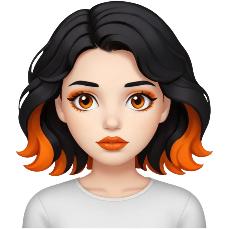 A girl with medium little wavy hair that is black and has orange strikes, her skin in white, she has big lips and dark brown eyes, her eyebrows are full and dark emoji