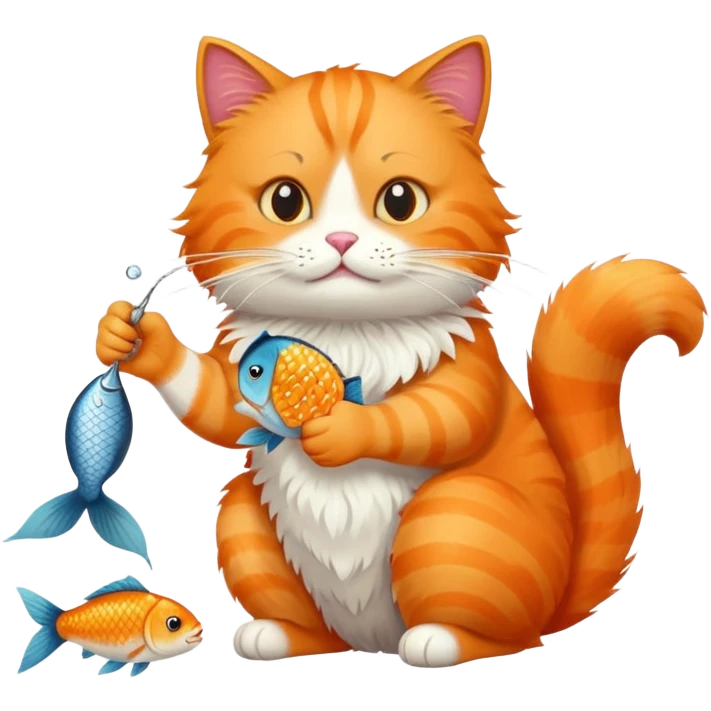 orange cat sitting and eating a fish emoji