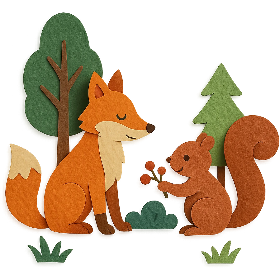 a fox and squirrel sharing berries in a forest friendship scene, paper craft style emoji