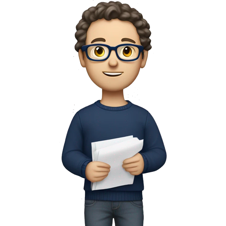 caucasian white boy with dark wavy  hair, blue glasses, and carrying design paper plan because he is an architect carrying a pencil and a set model maquette. wearing a navy blue long sleeve sweater shirt. smart.  emoji