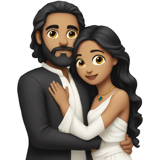 Light skin;Black long hair girl  in a white saree hugging with a man with black beard and hair on top emoji