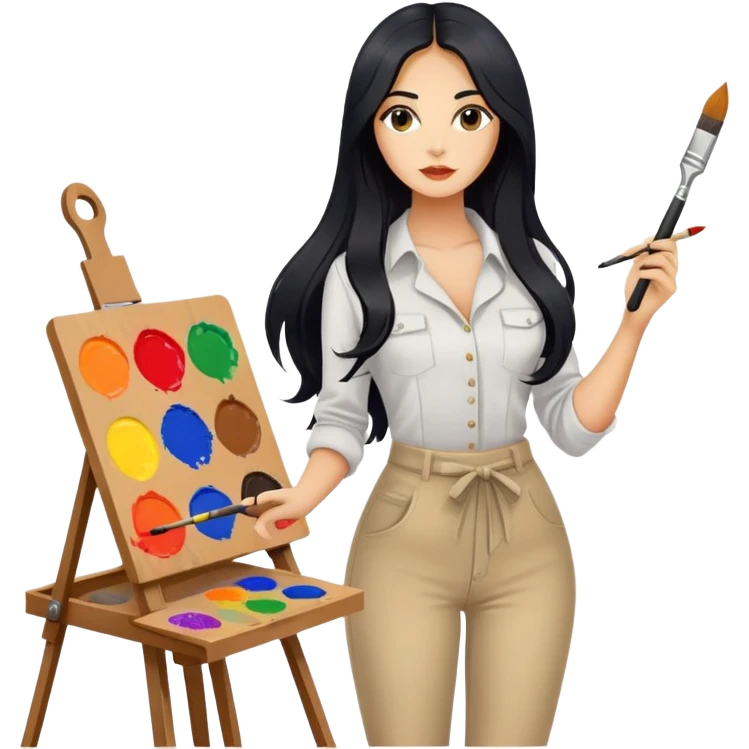 painting, easel, master piece, artist, long black hair tanned woman, paint pallet colors and paint brush, sexy emoji