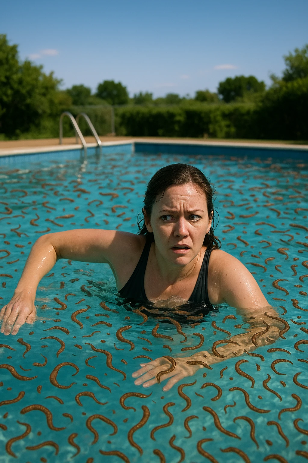 Donna che usa la piscina per nuotare ma la piscina è piena di parassiti emoji