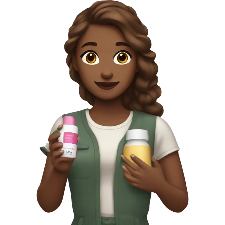 brown-haired girl holding cosmetic products in her hands emoji