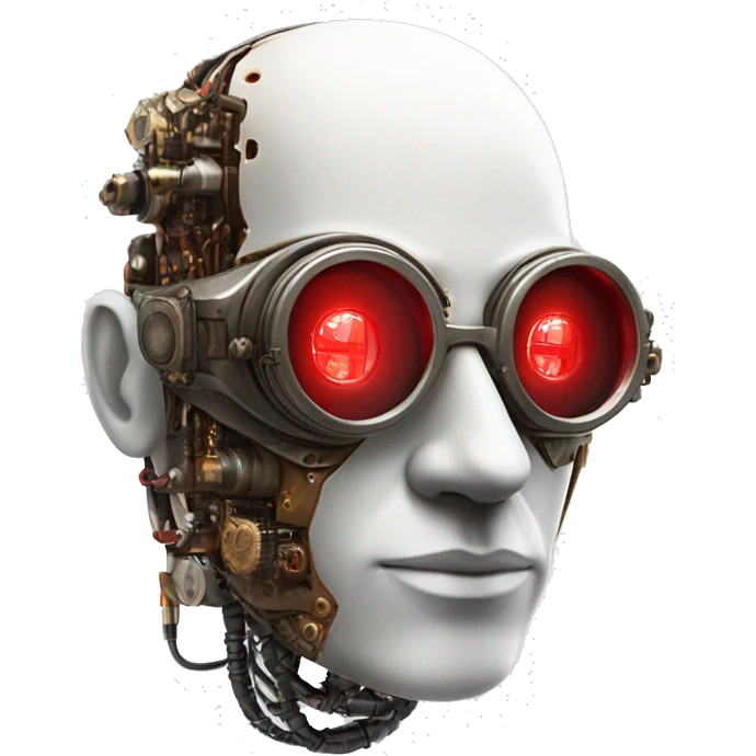 Bald cyborg head with red steampunk goggles, white five o’clock shadow, and circuits emoji