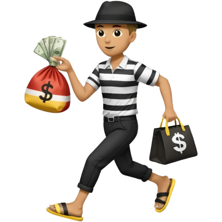 Make a man wear a black pant and he shirt is balck line and white line and wear a black hat and he holding a money bag and he running he wear a black eye thing no money in the Left hand and he yellow and the money bag in the right he wear a flip flop like this is Money bag 💰 NO MONEY emoji