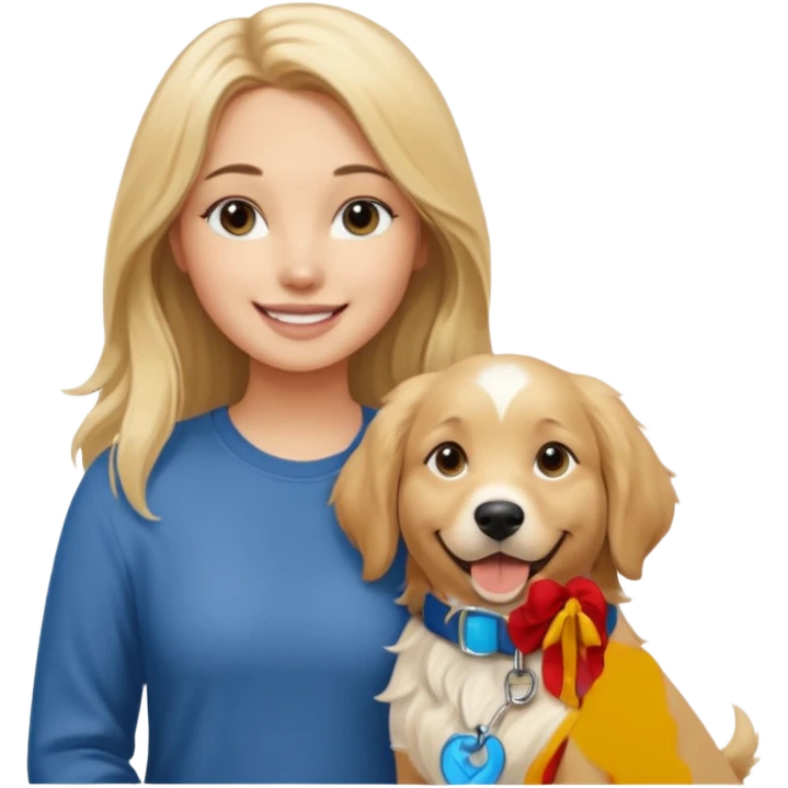 20-year-old dirty blonde woman with long hair and dark blue eyes, standing with an English cream golden retriever, friendly and warm scene emoji