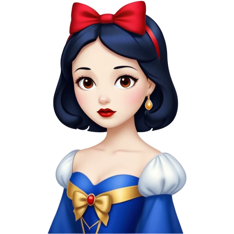 Cinematic Stunning Snow White Portrait Emoji, Fair skin glowing like porcelain, ruby-red lips, deep brown eyes full of kindness, raven hair framed by her iconic red bow, wearing her royal blue and gold gown, exuding timeless beauty and grace! emoji
