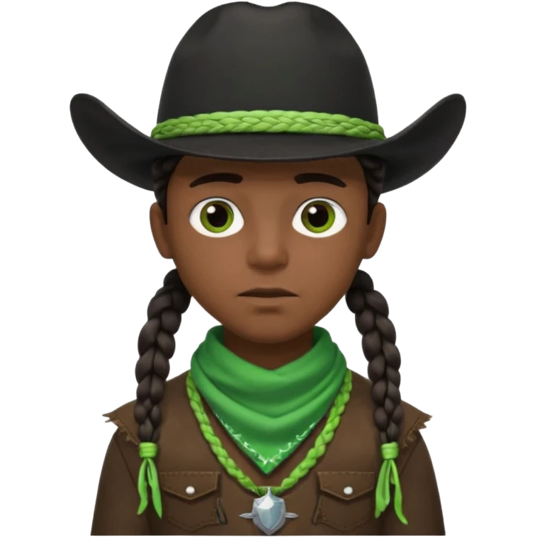 Black boy with three braids near each eye wearing a black cowboy hat with green bandana around his neck emoji