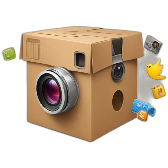 Video Camera, Instagram YouTube icons fly out from the Cardboard box emoji