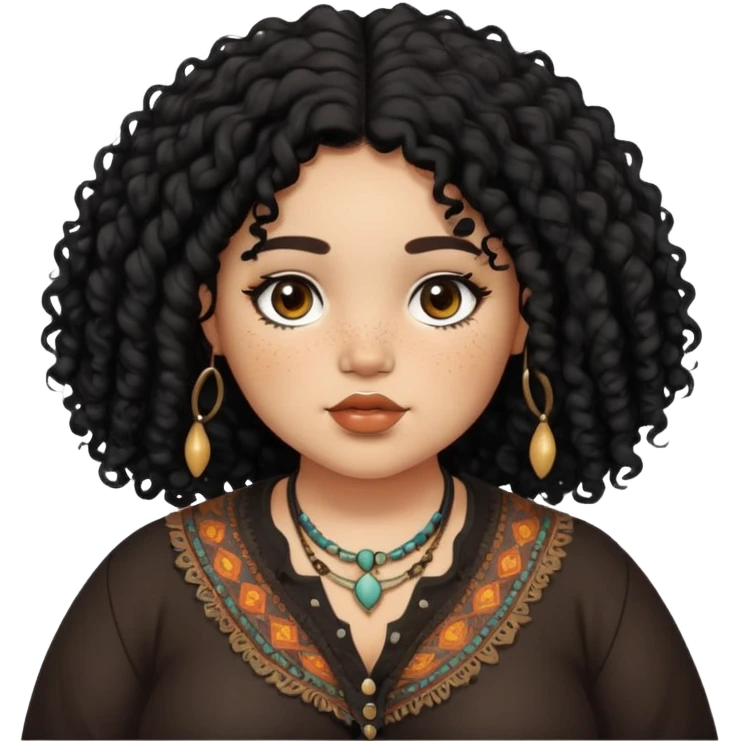 Chubby lightskin girl, dark brown eyes, black curly hair, freckles, boho style clothes emoji