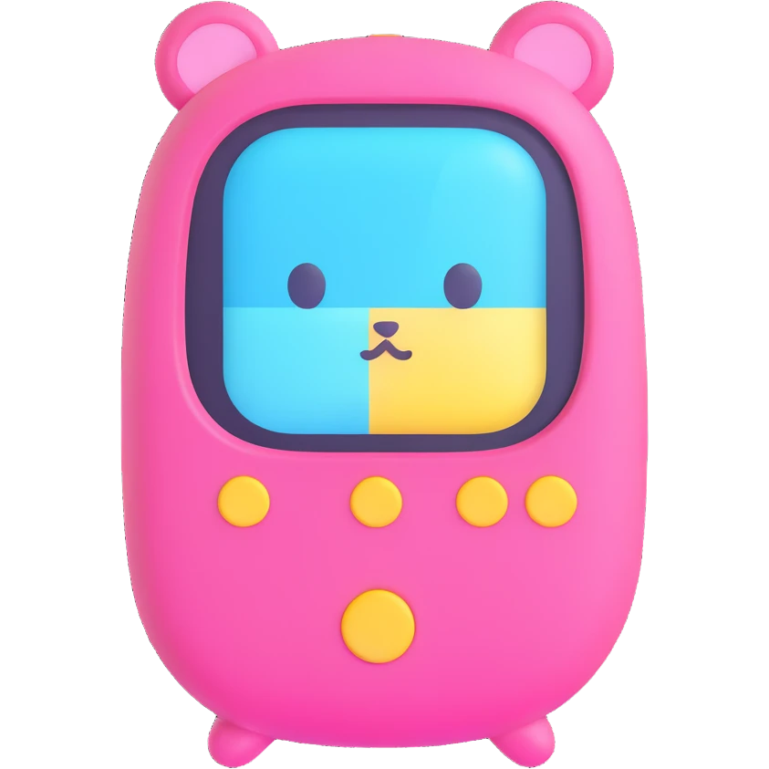 Tamagotchi virtual pet device, 3D emoji style, rounded plastic shell, cute digital pet on screen emoji