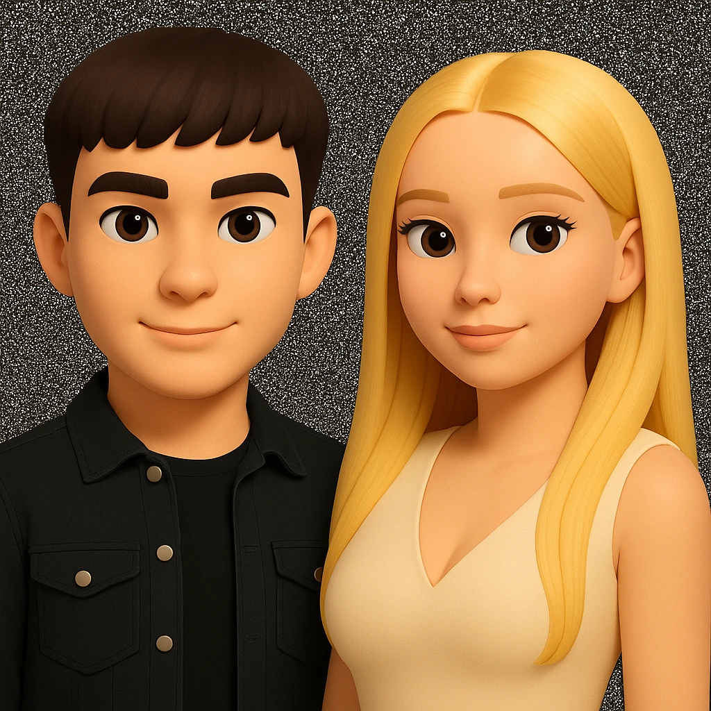 Slightly increase the volume of the upper body of the girl, separate the girl and the boy from each other, and make the skin color the same for both characters. Maintain the cartoonish 3D style as in the reference image. emoji