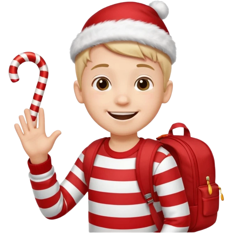 A boy waving a candy cane happily, backpack bouncing as he moves. emoji