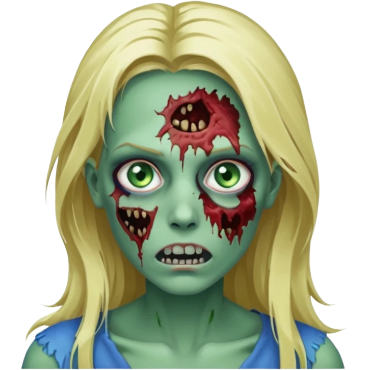 Faça um zumbi feminino, com cabelo loiro e olho azul, com algumas feridas abertas no rosto, cabelo longo, e pele verde, um rosto sem expressão emoji