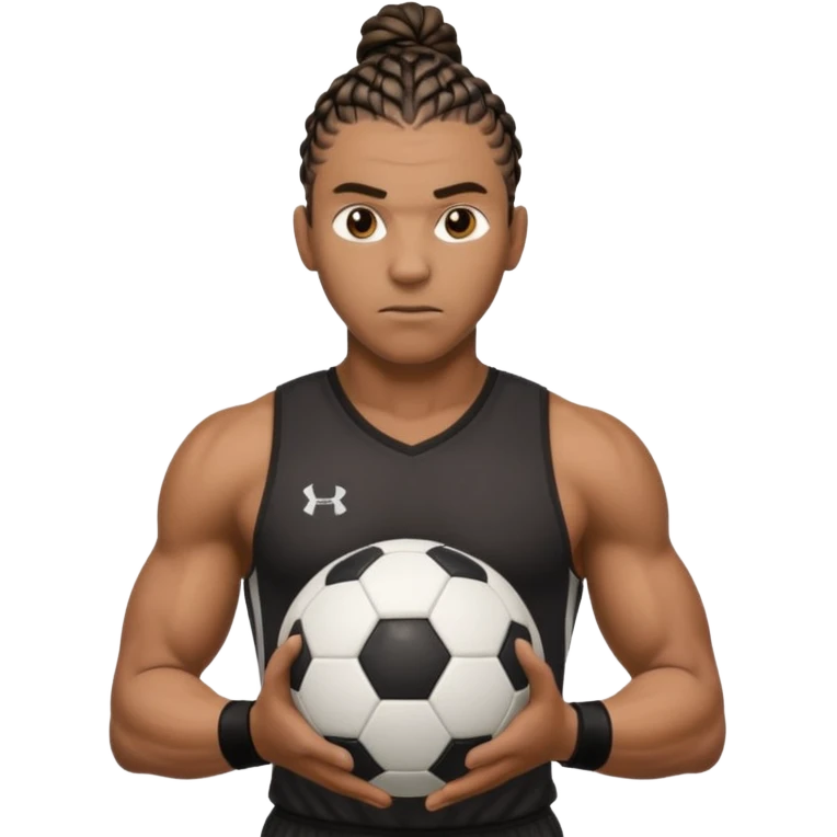Make a black strong person with cornrows with huge biceps holding a the soccer ball in between his hand almost like hes trying to break it emoji